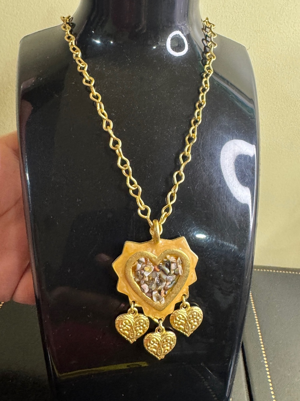 Vintage Gold Heart Pendant Necklace with Triple Heart Charms